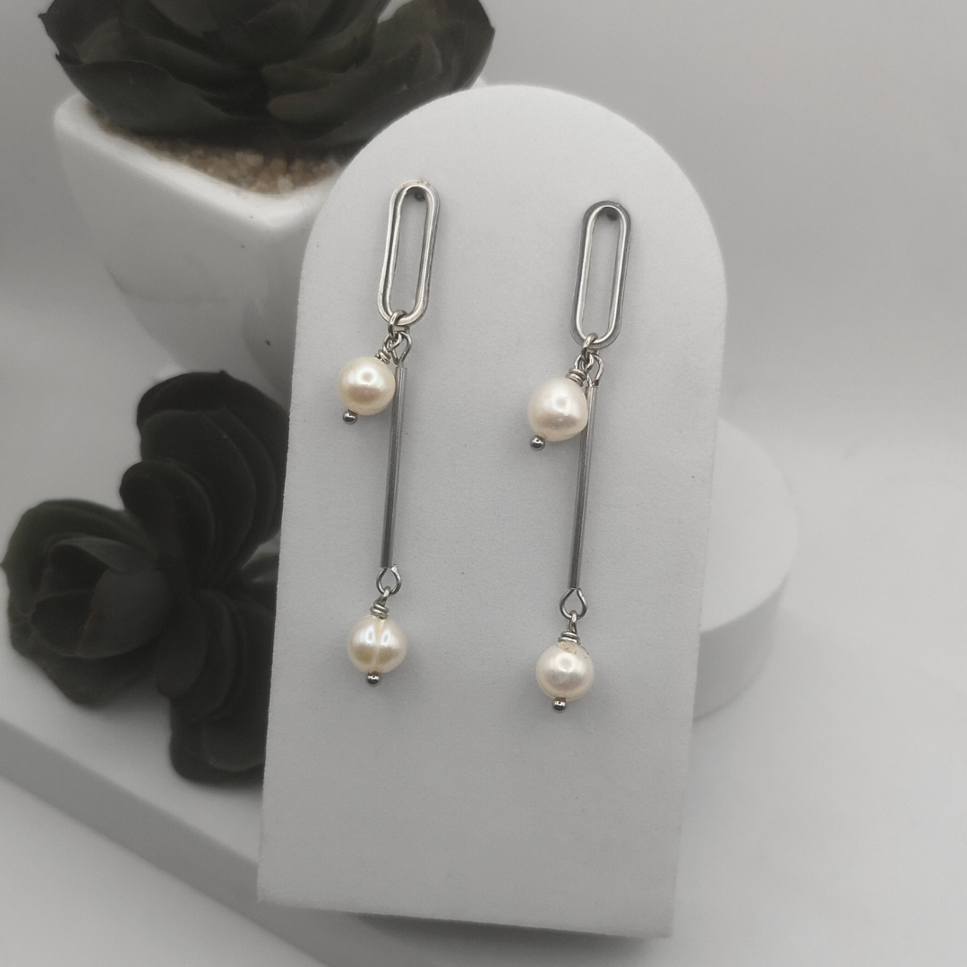 Elegant Stainless Steel Dangle Earrings with Freshwater Pearls