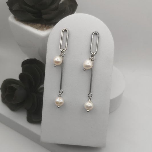 Elegant Stainless Steel Dangle Earrings with Freshwater Pearls