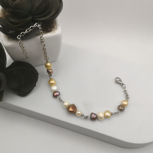 Elegant Stainless Steel Bracelet with Natural Multi-Color Freshwater Pearls
