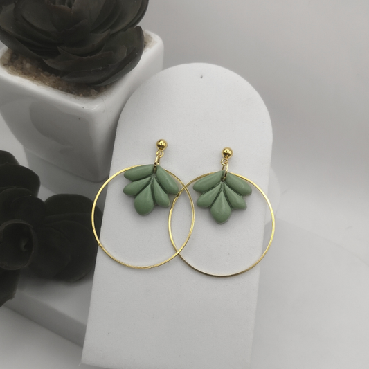 Elegant Gold Stainless Steel Hoop Earrings with Mint Green Polymer Clay Leaf