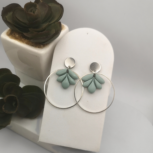 Elegant Stainless Steel Hoop Earrings with Mint Green Polymer Clay Leaf