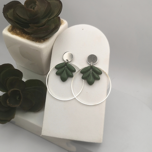 Elegant Stainless Steel Hoop Earrings with Dark Green Polymer Clay Leaf