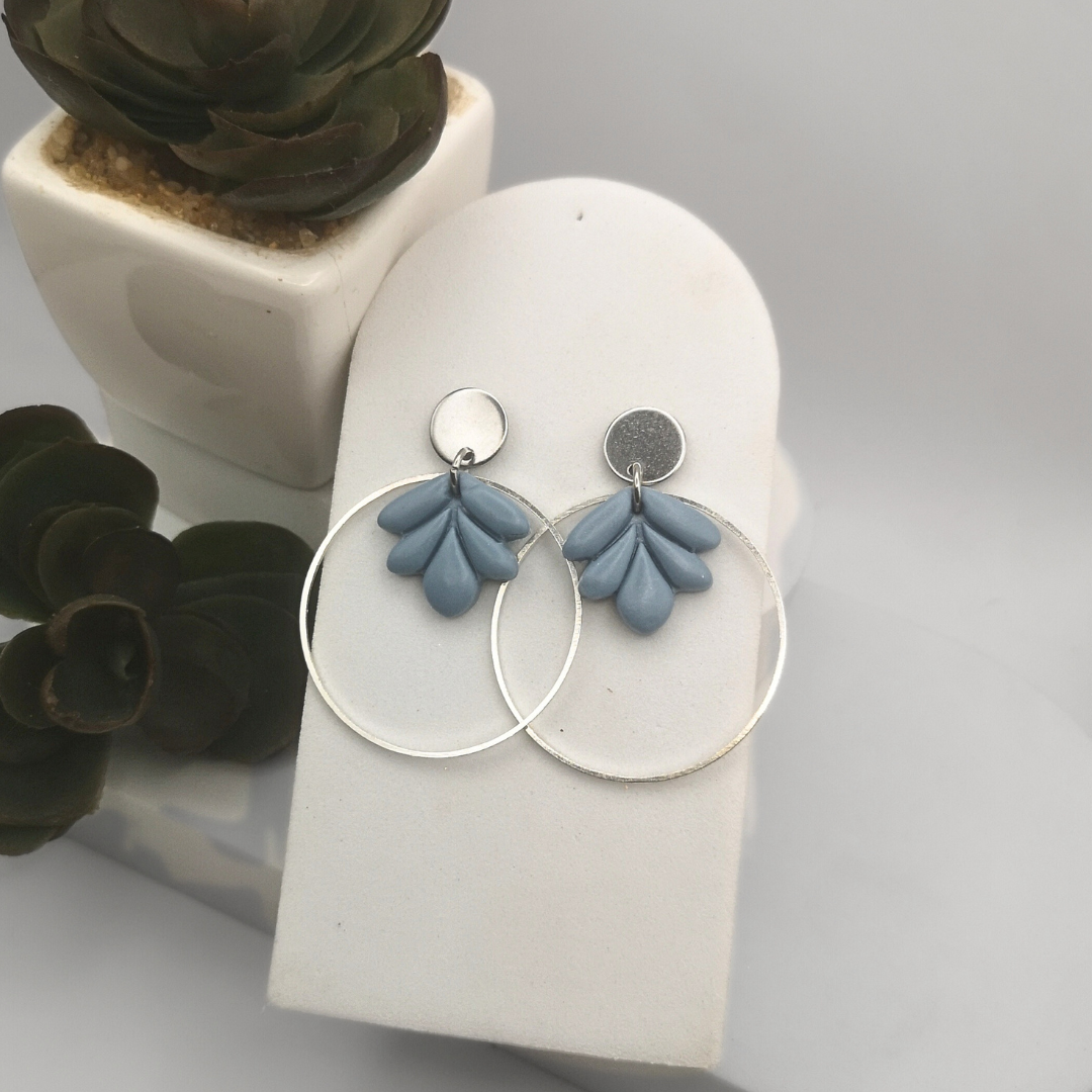 Elegant Stainless Steel Hoop Earrings with Light Blue Polymer Clay Leaf