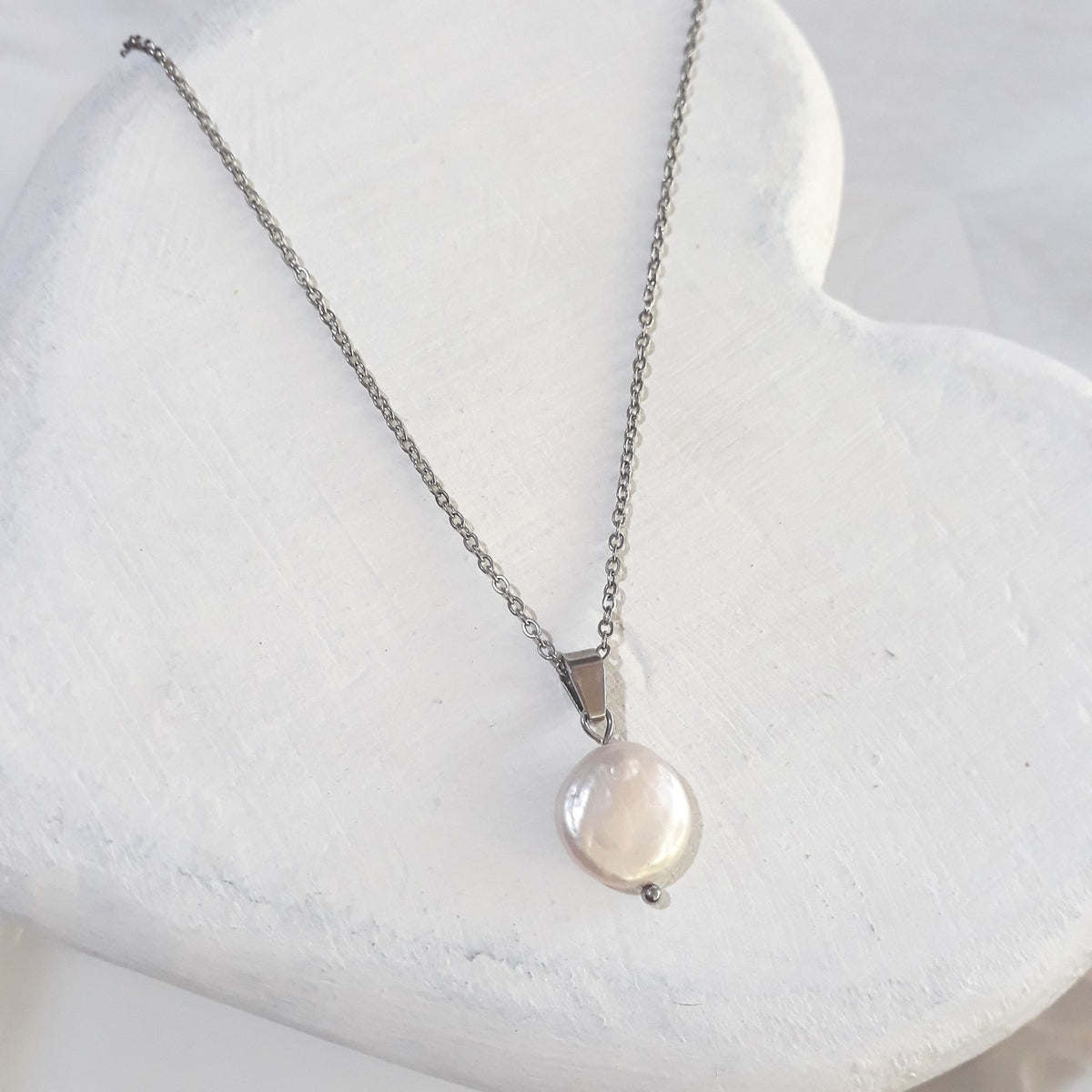 White freshwater coin pearl stainless steel necklace