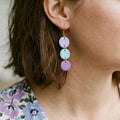 Woman wearing Lilac, Aqua and Lavender Gold-Plated Cascade Clay Earrings