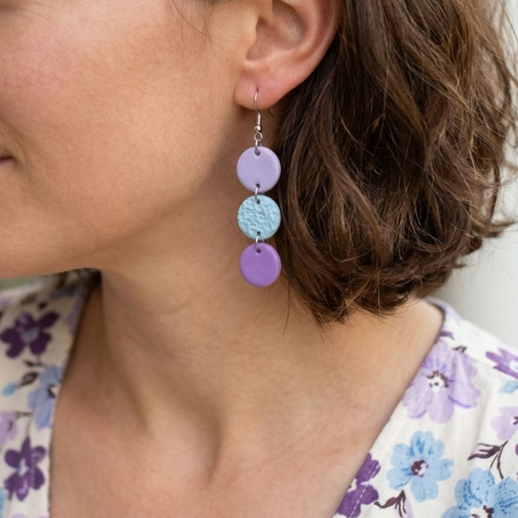Woman wearing Lilac, Aqua and Lavender Cascade Polymer Clay Earrings