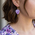 Woman wearing Lilac and Lavender Art Deco Clay Earrings