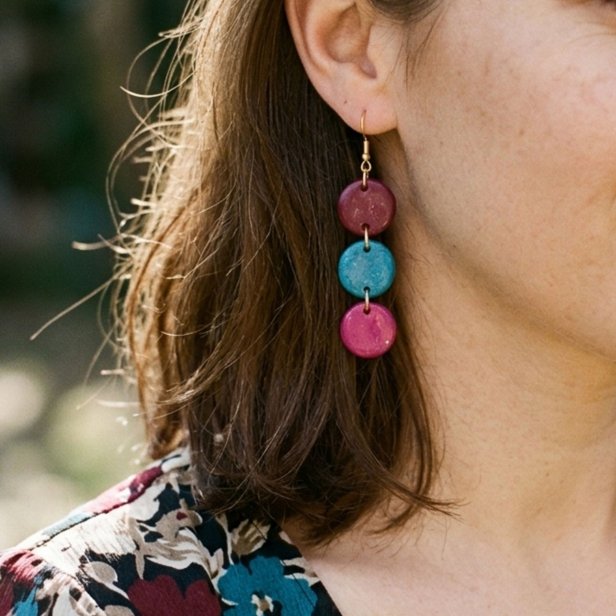 Maroon, Aqua & Cerise Gold-Plated Cascade Clay Earrings