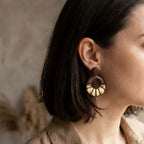 Woman wearing Dark Brown & Gold Scallop Hoop Polymer Clay Earrings