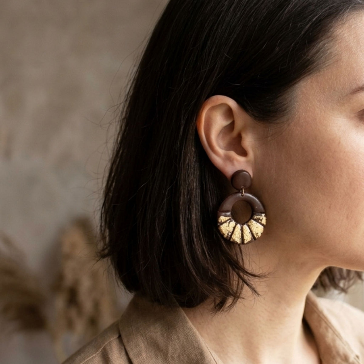 Woman wearing Dark Brown & Gold Scallop Hoop Polymer Clay Earrings