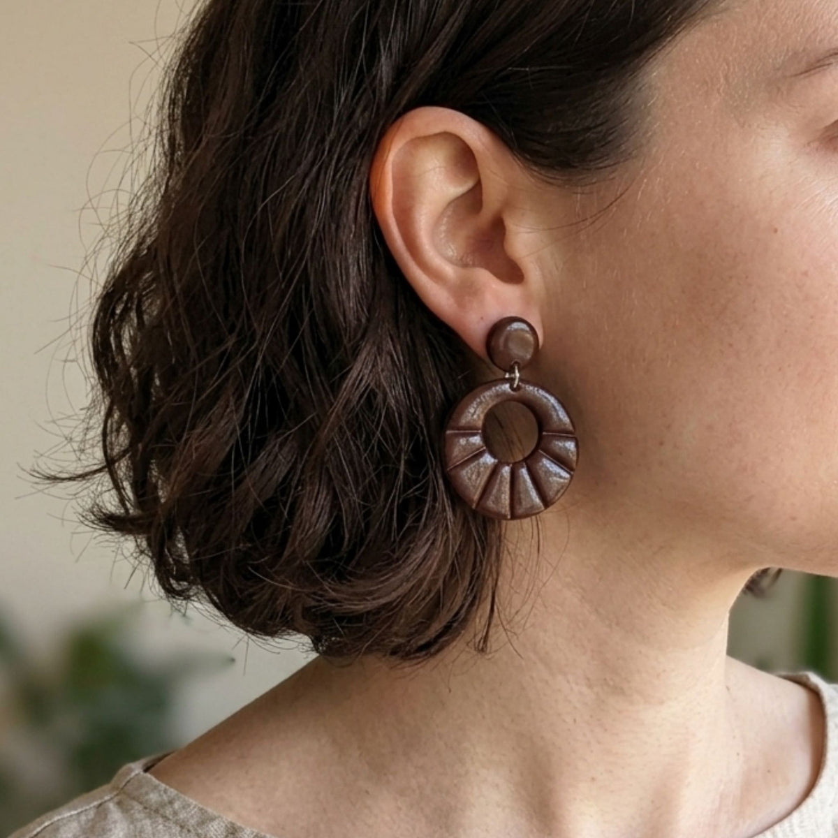 Woman wearing Dark Brown Scallop Hoop Polymer Clay Earrings