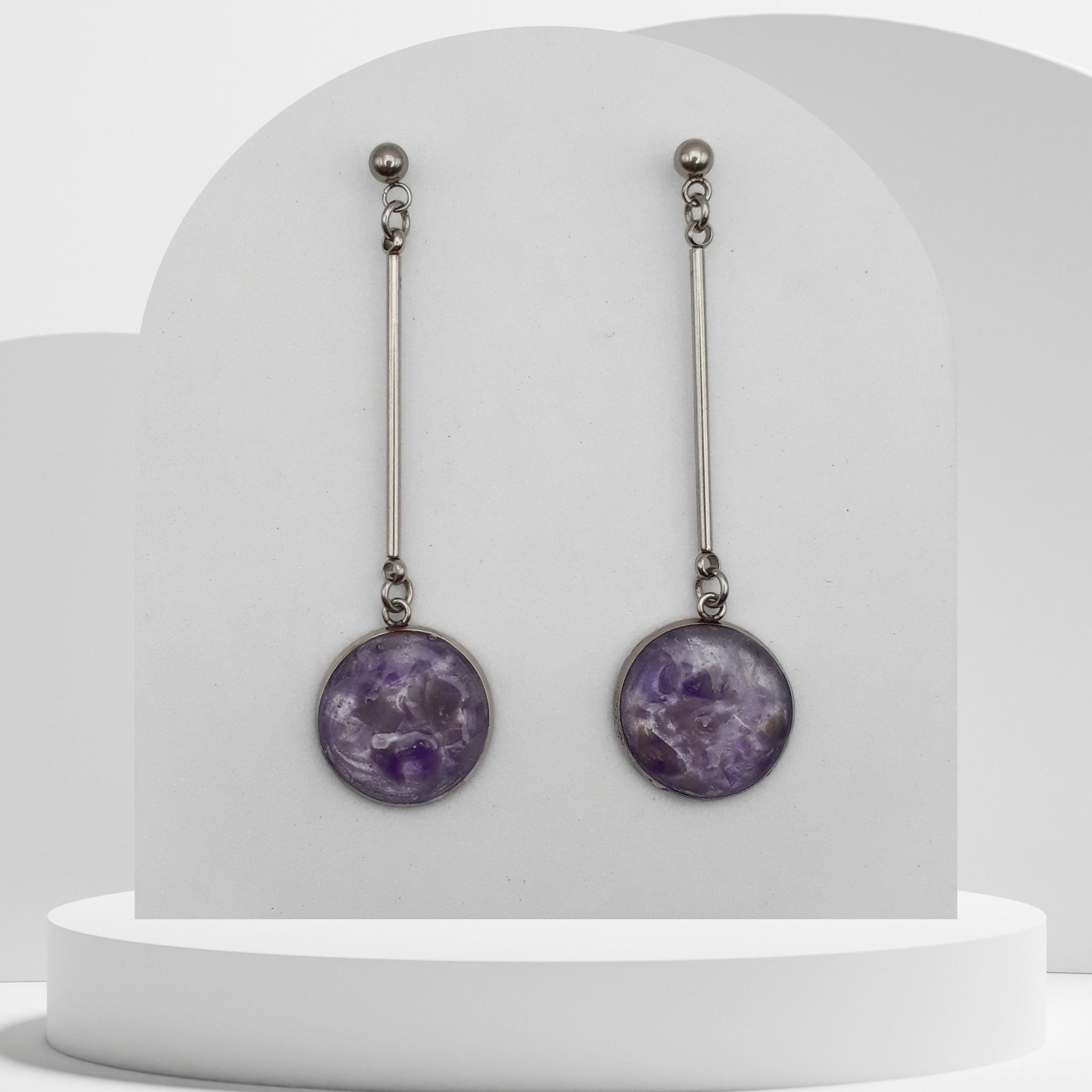 Stainless steel bar drop earrings with crushed amethyst gemstone resin discs and ball stud tops
