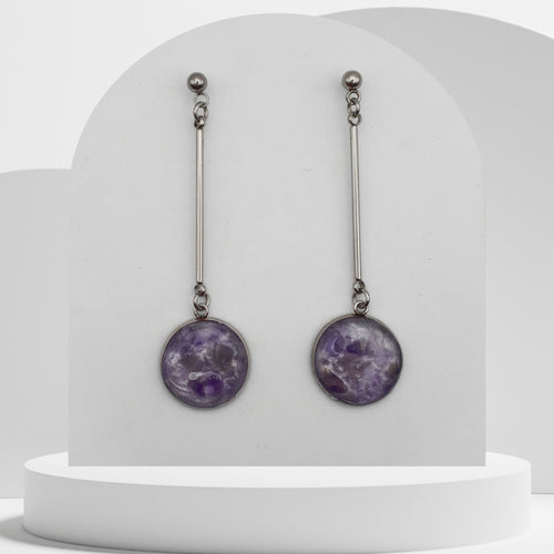 Stainless steel bar drop earrings with crushed amethyst gemstone resin discs and ball stud tops