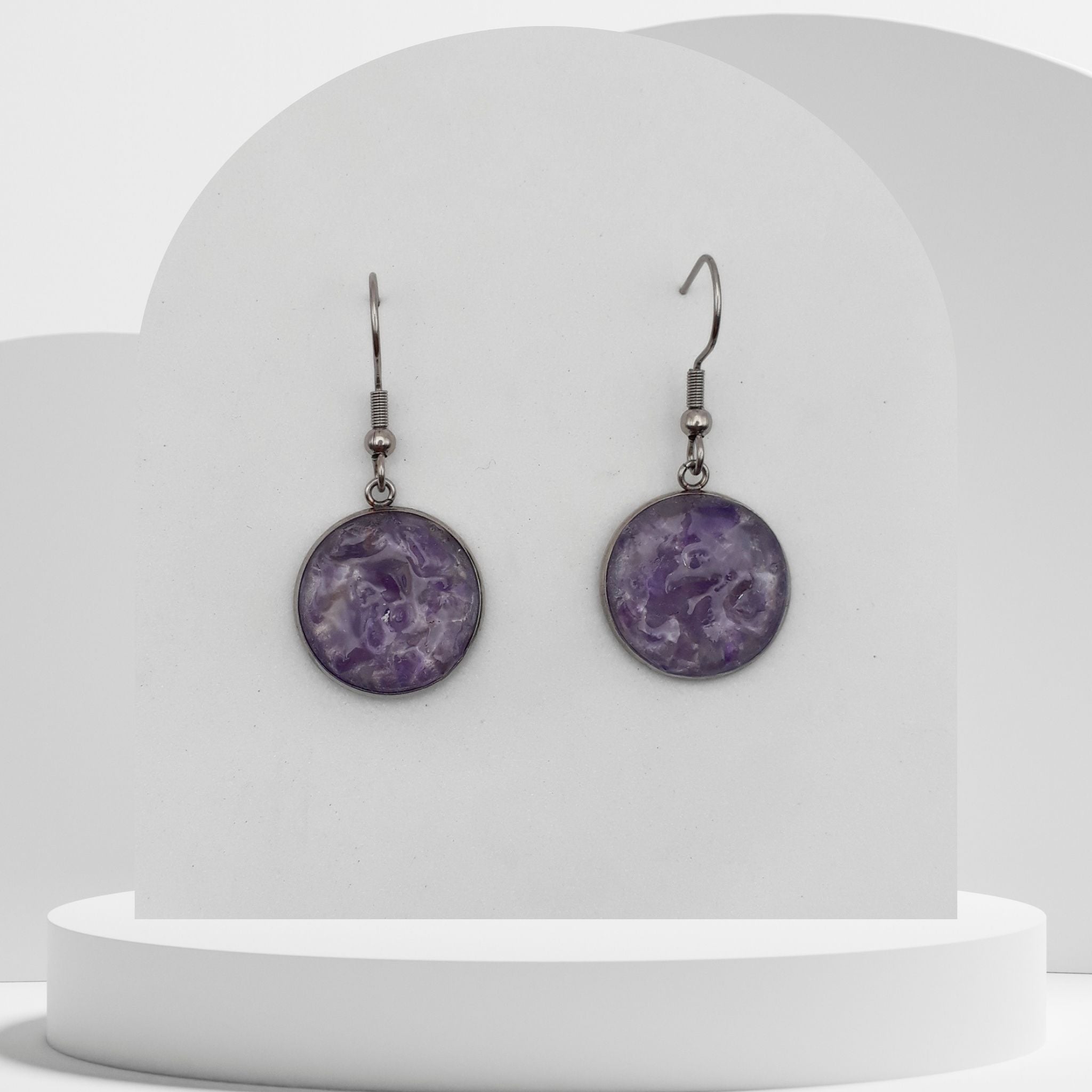 Stainless steel drop earrings with crushed amethyst gemstones in 16mm bezel setting