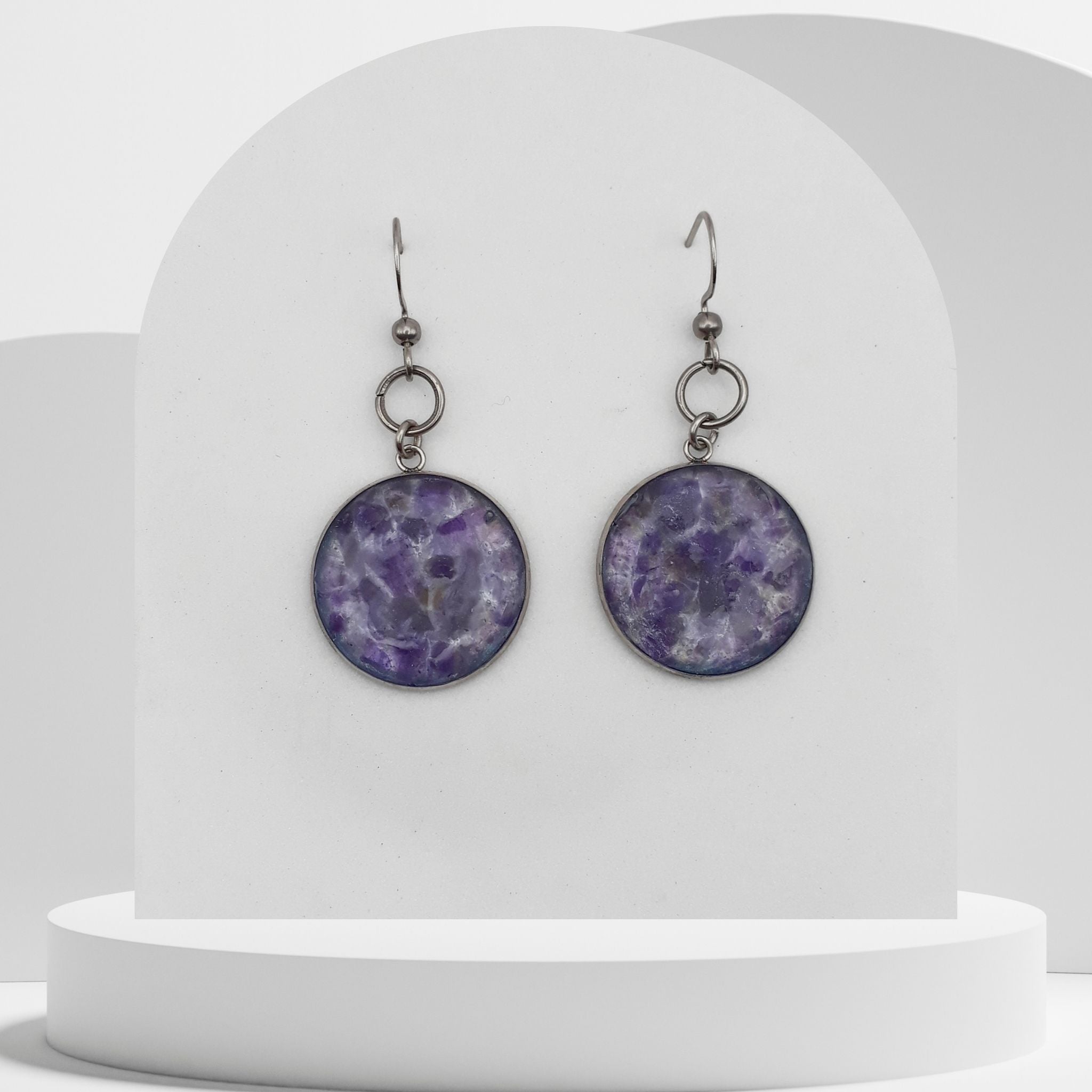 Handmade stainless steel drop earrings with crushed amethyst 