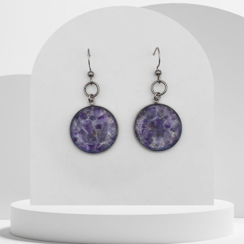 Handmade stainless steel drop earrings with crushed amethyst 