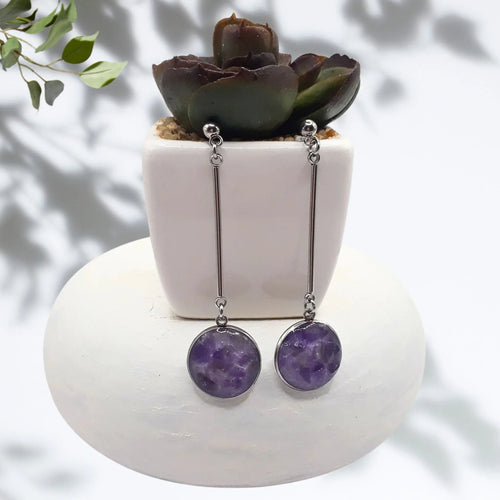 Amethyst Drop Stainless Steel Dangle Earrings - Kiooinsitu