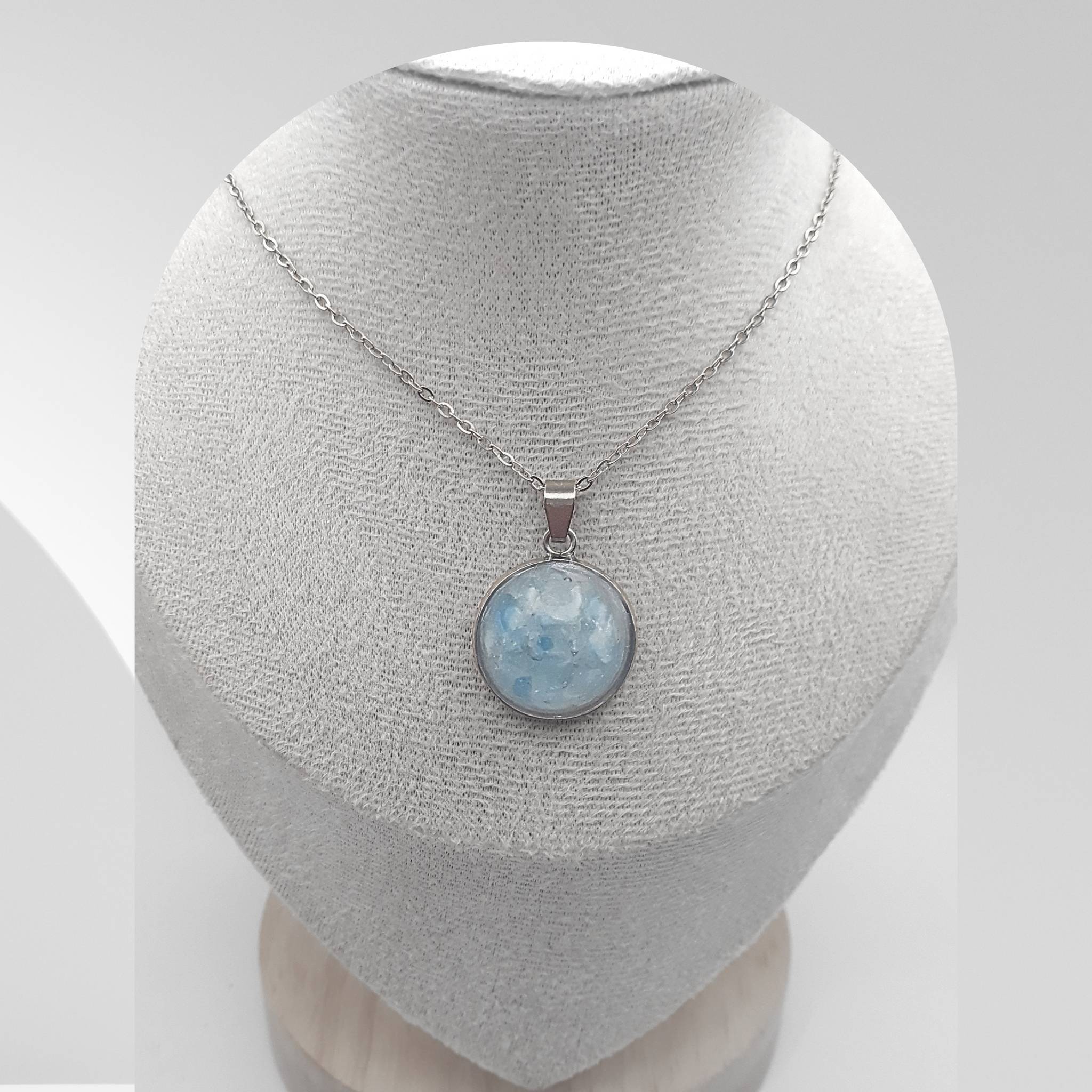 Handmade stainless steel necklace with 18mm Aquamarine dome pendant