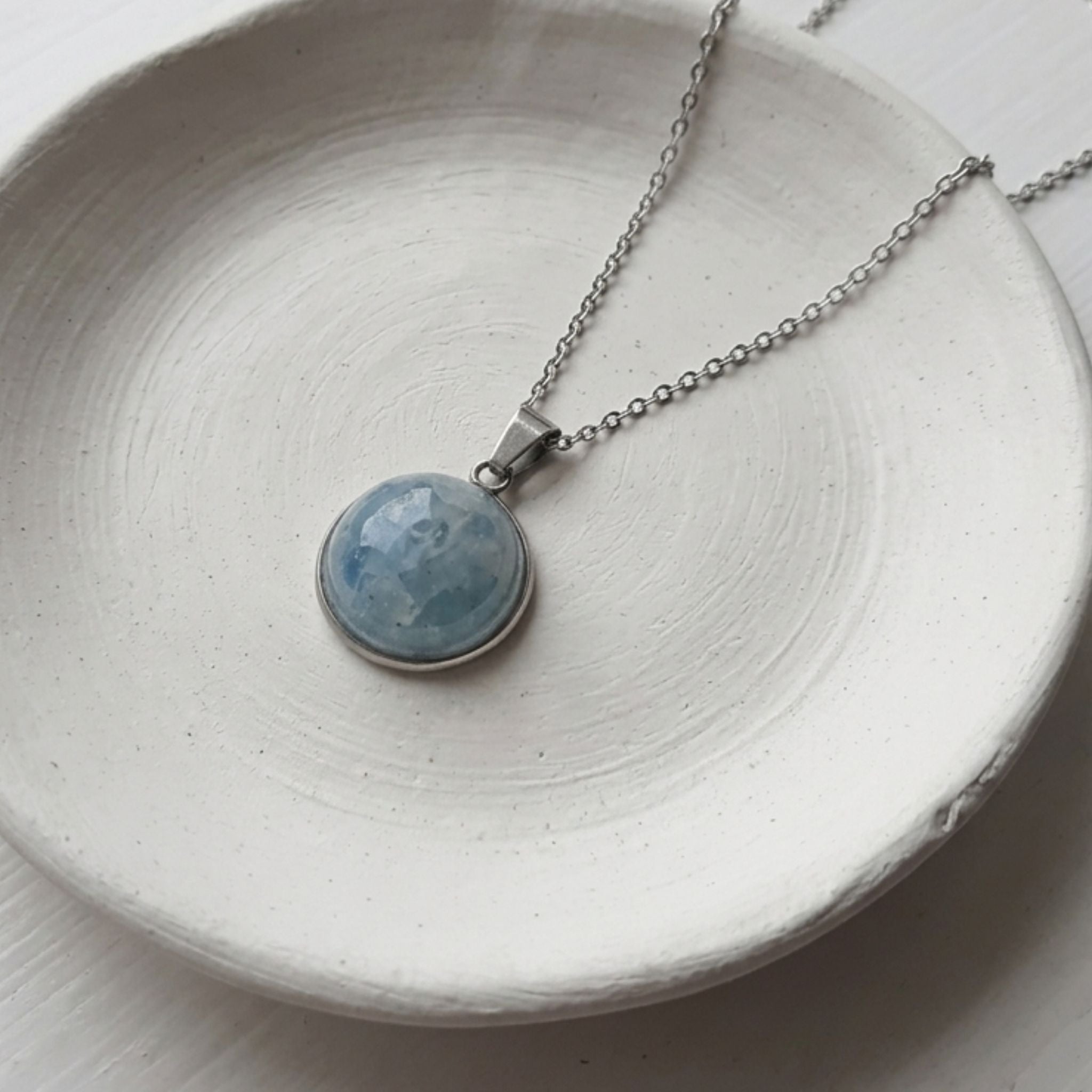 Handmade stainless steel necklace with 18mm Aquamarine dome pendant