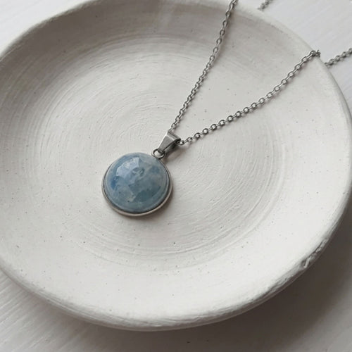 Handmade stainless steel necklace with 18mm Aquamarine dome pendant