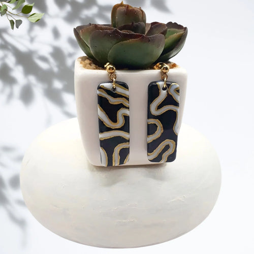 Black Gold Polymer Clay Drop Earrings - Kiooinsitu