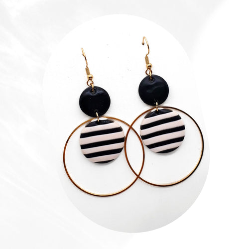 Black and white striped polymer clay statement earrings with gold-plated hoop and stainless steel hooks, handmade lightweight dangle earrings