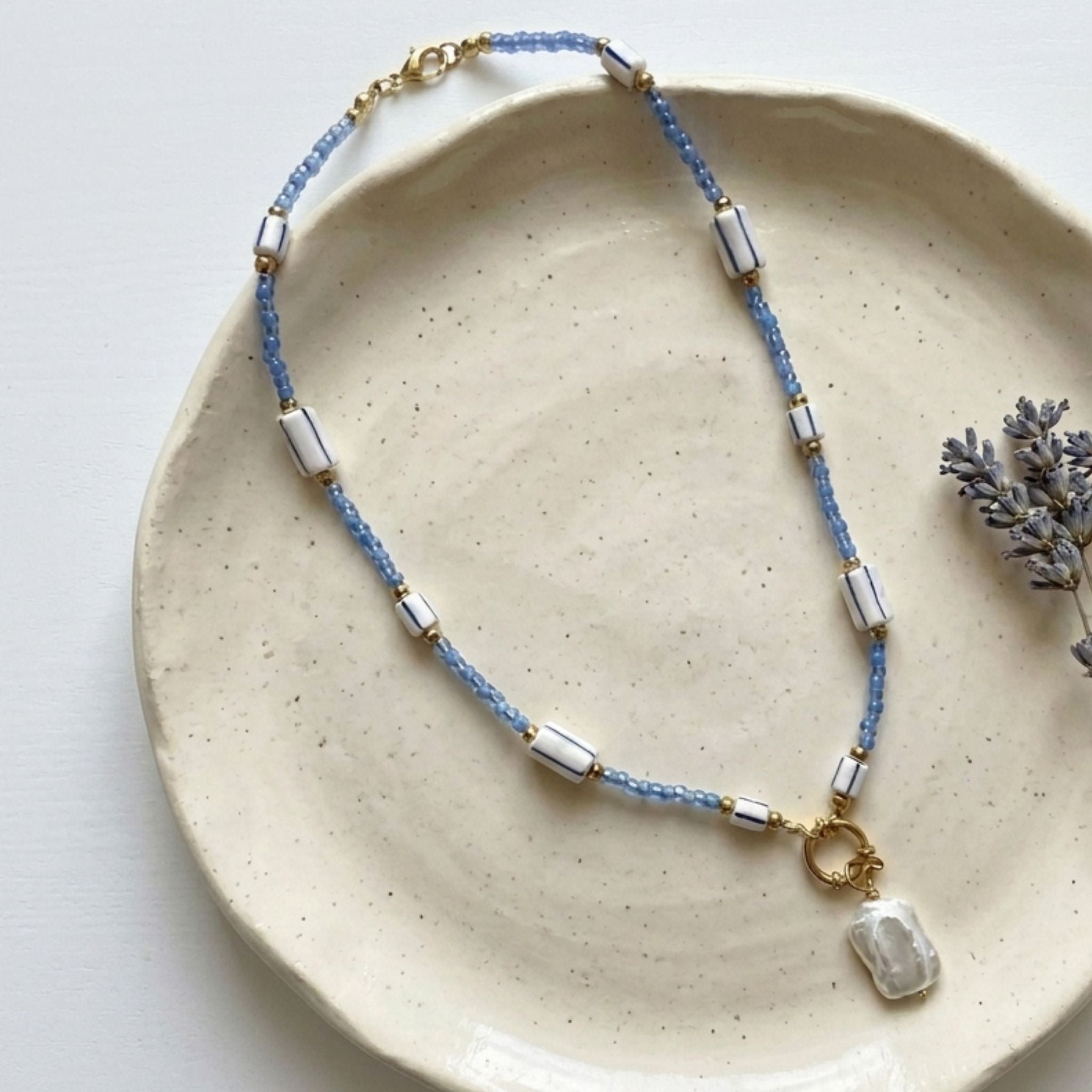 Handmade blue glass bead necklace with white square baroque pearl and ceramic beads