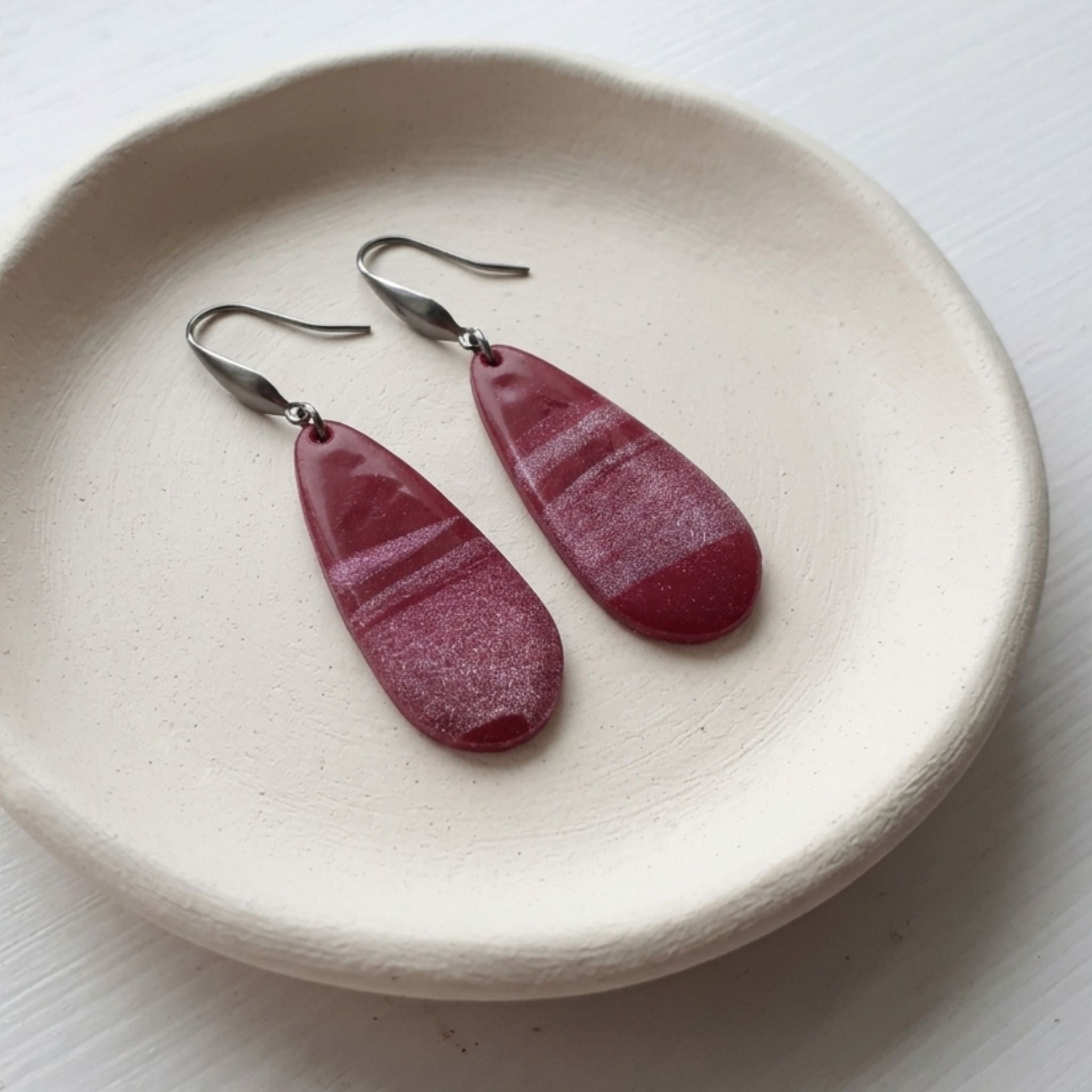 Burgundy shimmer polymer clay drop earrings with stainless steel elegant ear hooks