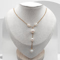 Handmade gold plated stainless steel Y necklace with white freshwater pearl and small pearl accents