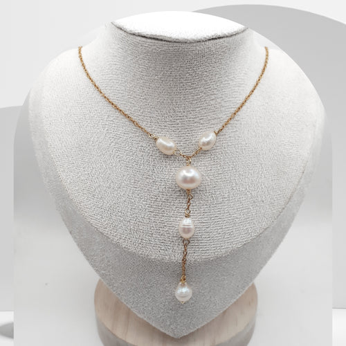 Handmade gold plated stainless steel Y necklace with white freshwater pearl and small pearl accents