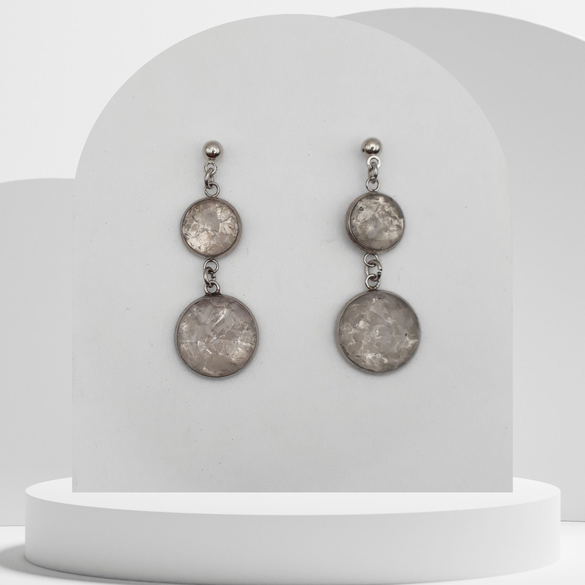 Stainless steel dangle earrings with 10mm and 14mm bezel set crushed clear quartz gemstones in resin, 4cm drop design with ball stud earrings