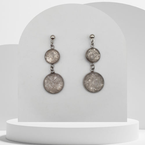 Stainless steel dangle earrings with 10mm and 14mm bezel set crushed clear quartz gemstones in resin, 4cm drop design with ball stud earrings