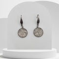 Stainless steel drop earrings with 16mm bezel set crushed clear quartz gemstones in glass-like resin