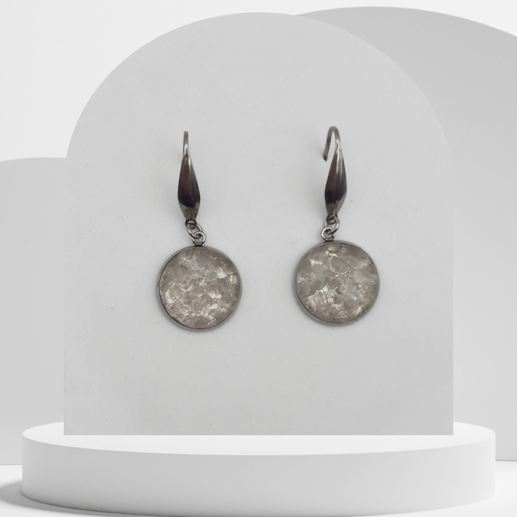 Stainless steel drop earrings with 16mm bezel set crushed clear quartz gemstones in glass-like resin