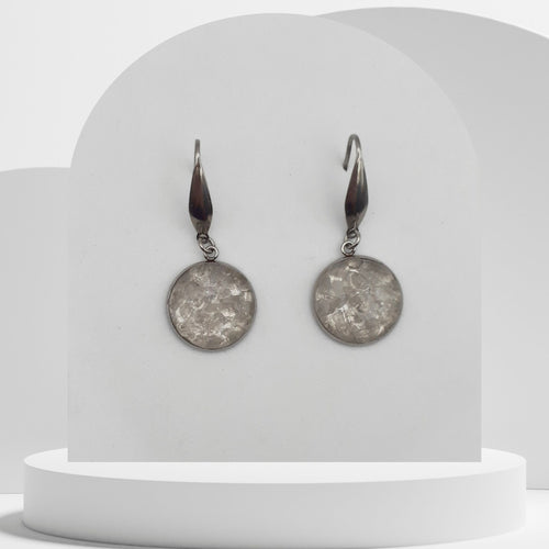 Stainless steel drop earrings with 16mm bezel set crushed clear quartz gemstones in glass-like resin