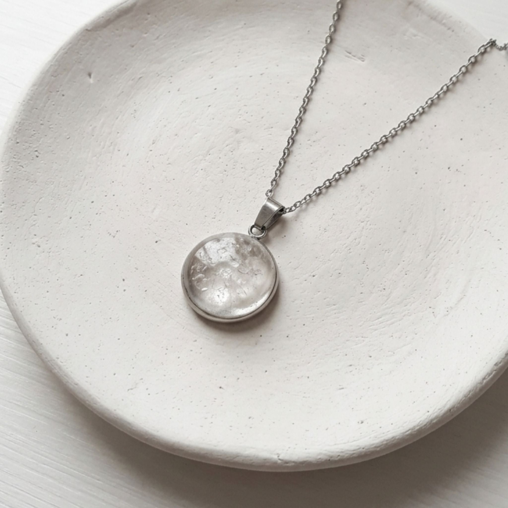 Handmade stainless steel necklace with 18mm Clear Quartz dome pendant