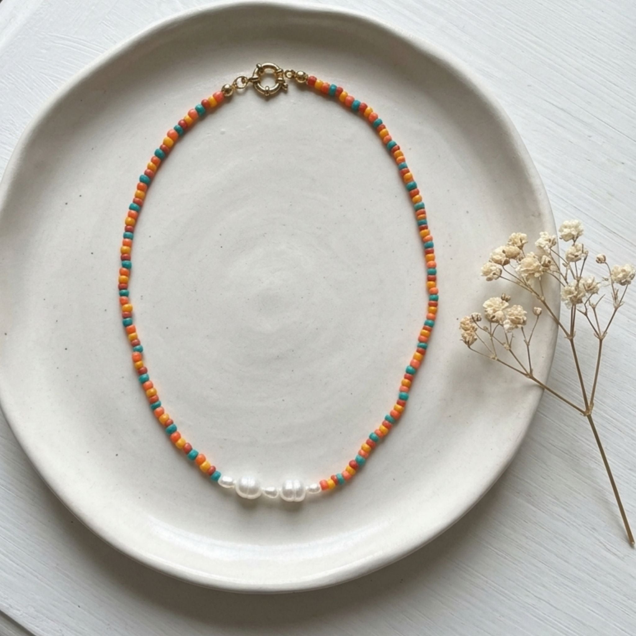 Handmade colourful glass bead necklace with two 7mm freshwater pearls and three rice pearls
