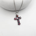 Crushed black and pink agate cross necklace on stainless steel chain