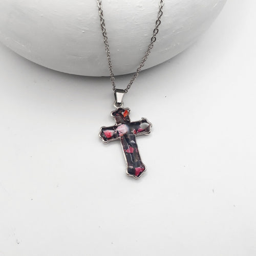 Crushed black and pink agate cross necklace on stainless steel chain