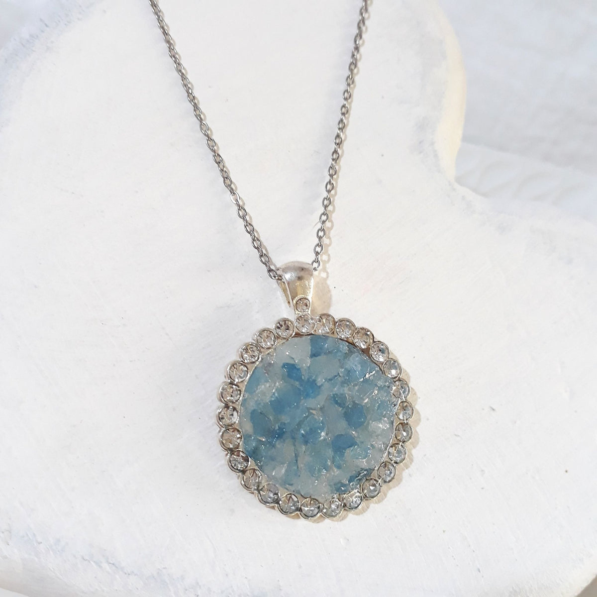 Crushed Aquamarine & Rhinestone Round Pendant Necklace