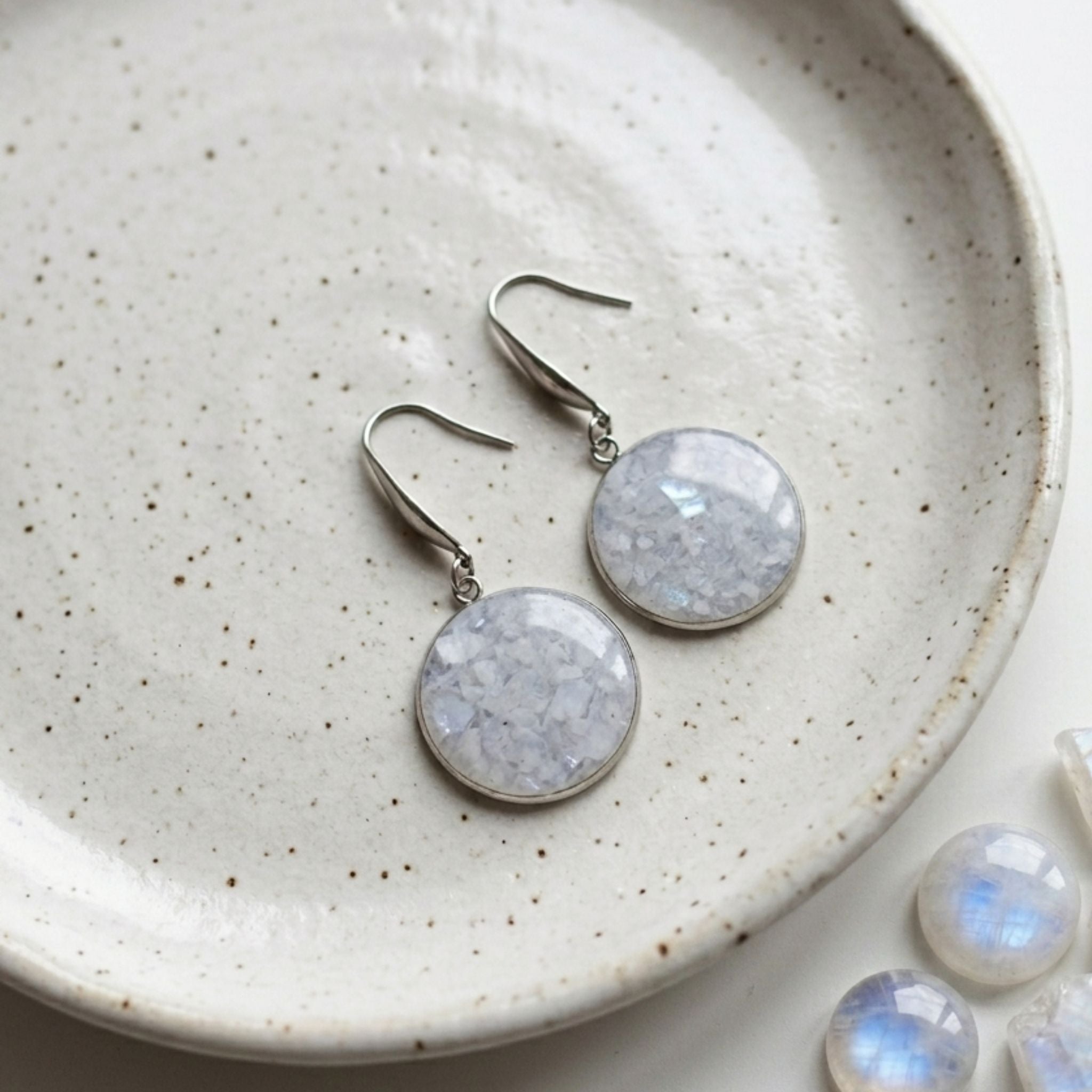 Crushed moonstone drop earrings with 20mm 304 stainless steel bezel and ear hooks - Kiooinsitu