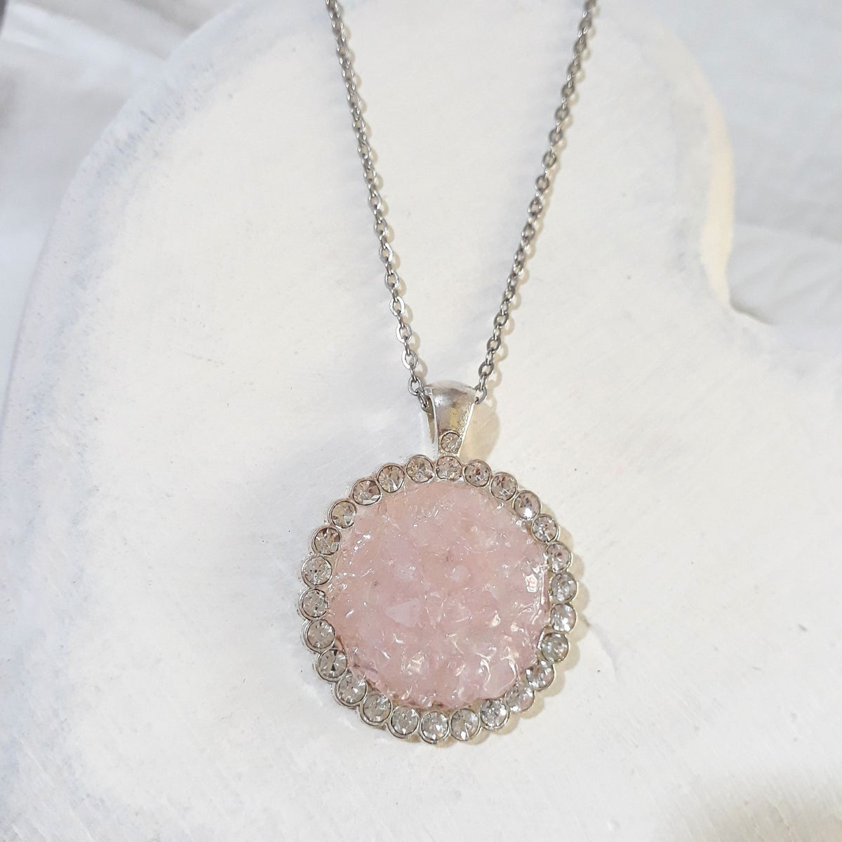 Crushed Rose Quartz & Rhinestone Pendant Necklace
