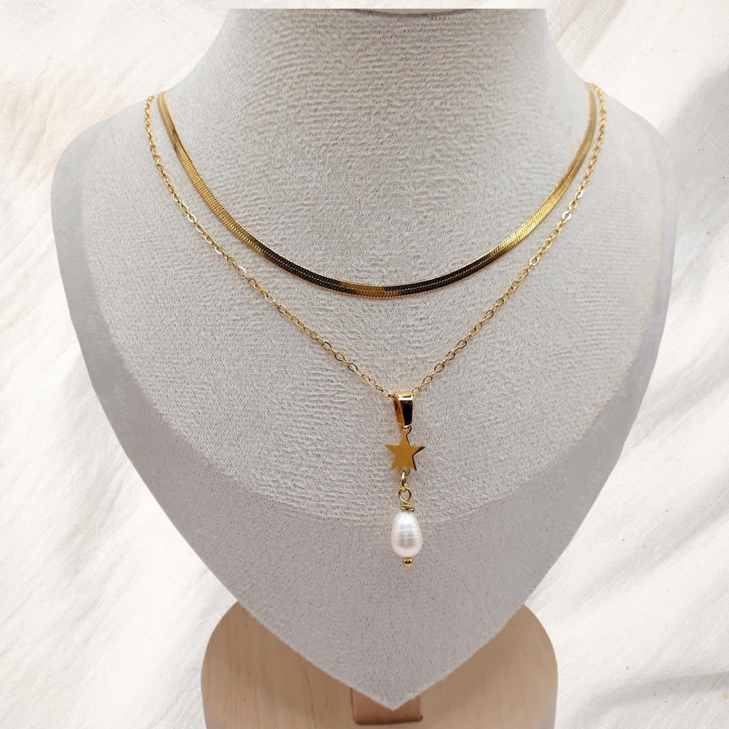 Layered Gold Star Pearl Necklace