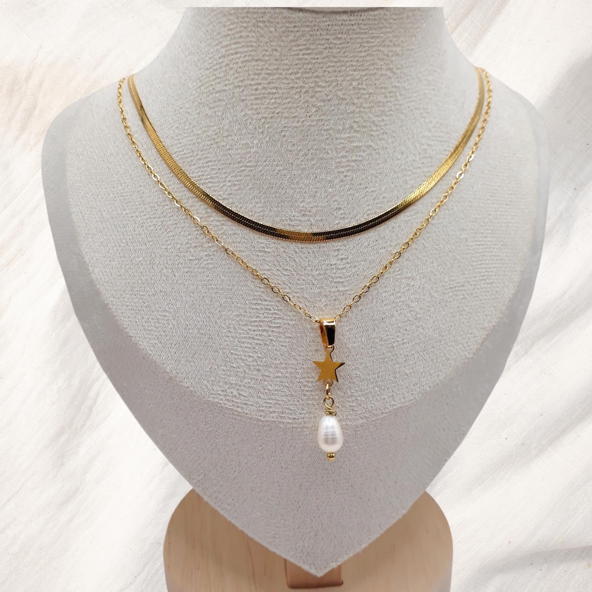 Layered Gold Star Pearl Necklace