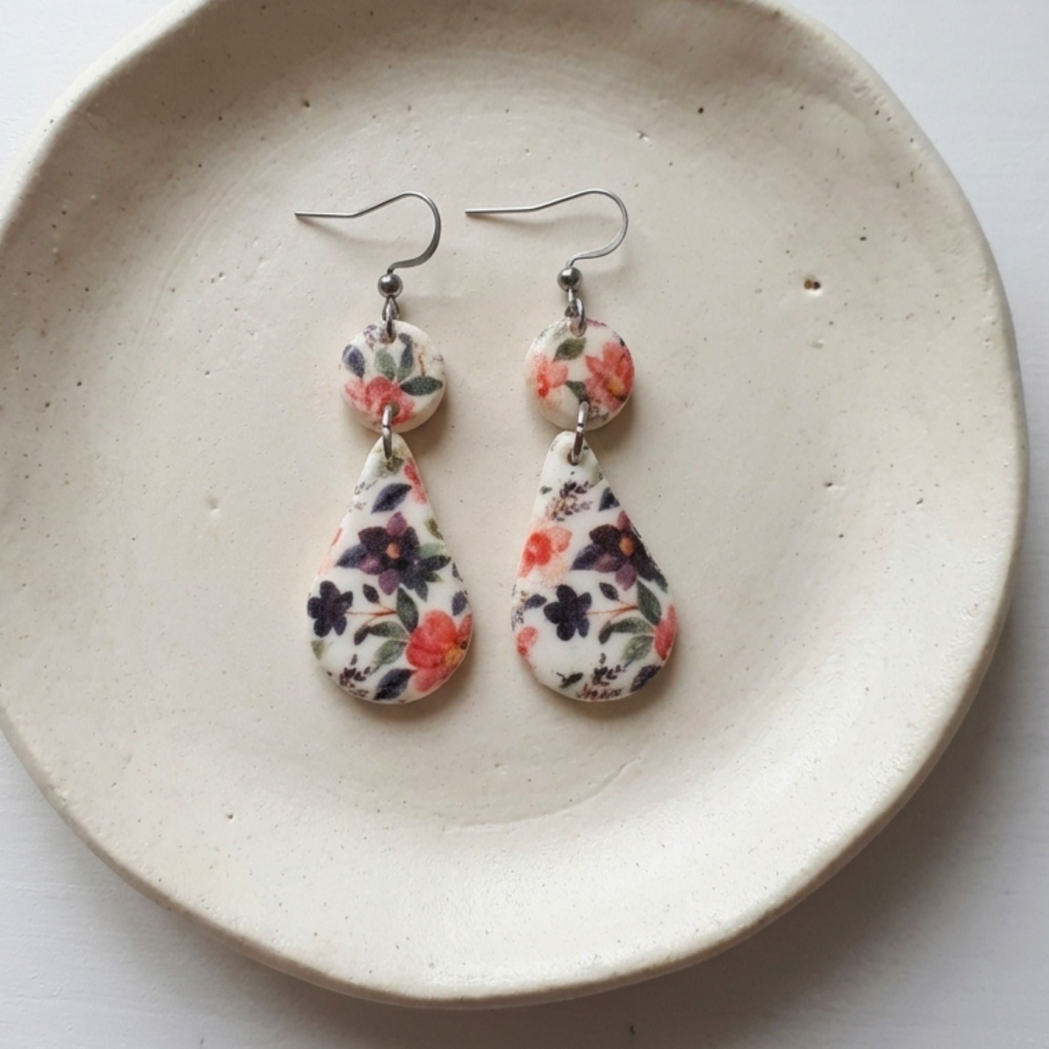 Floral handmade polymer clay drop earrings with stainless steel shepherd earhooks