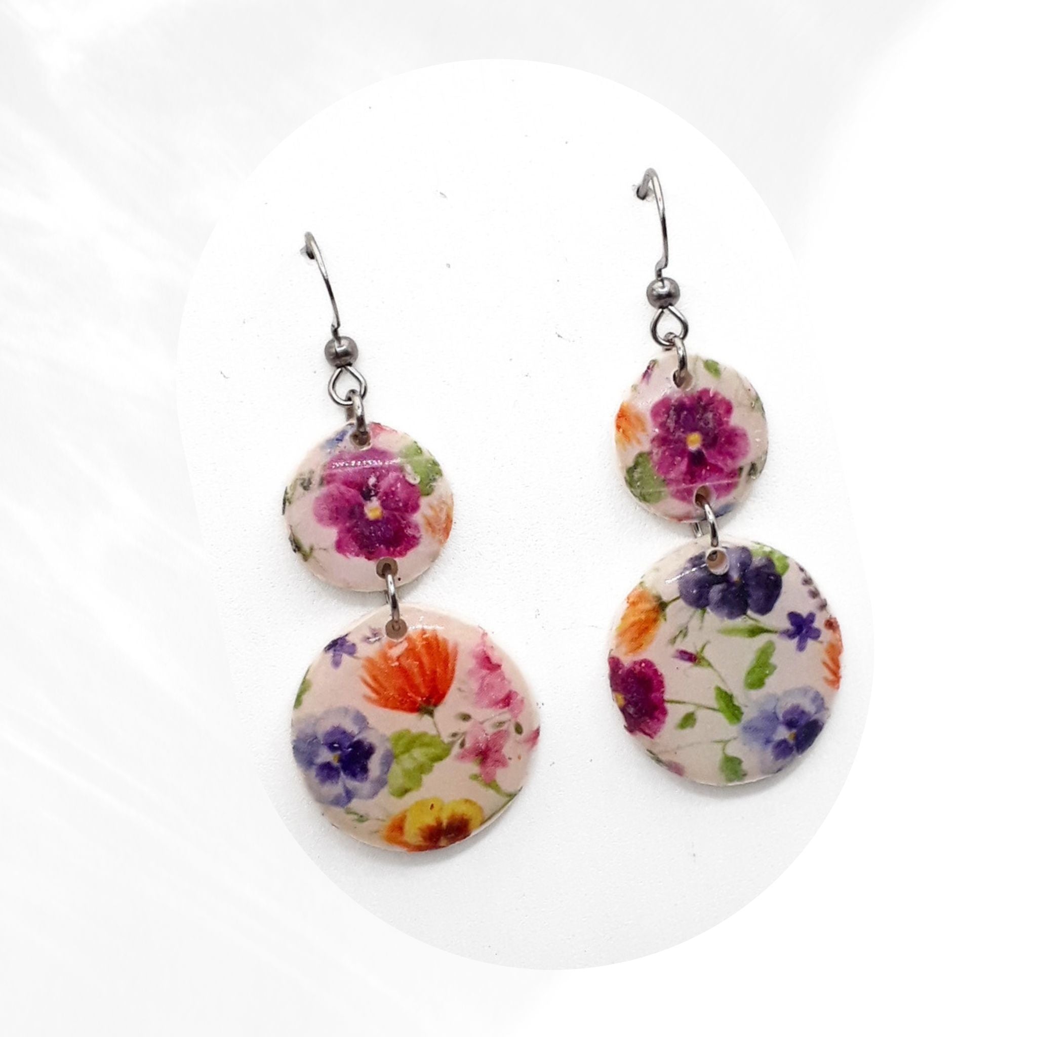 Floral polymer clay drop earrings sealed with glossy resin finish, lightweight handmade earrings with stainless steel hooks