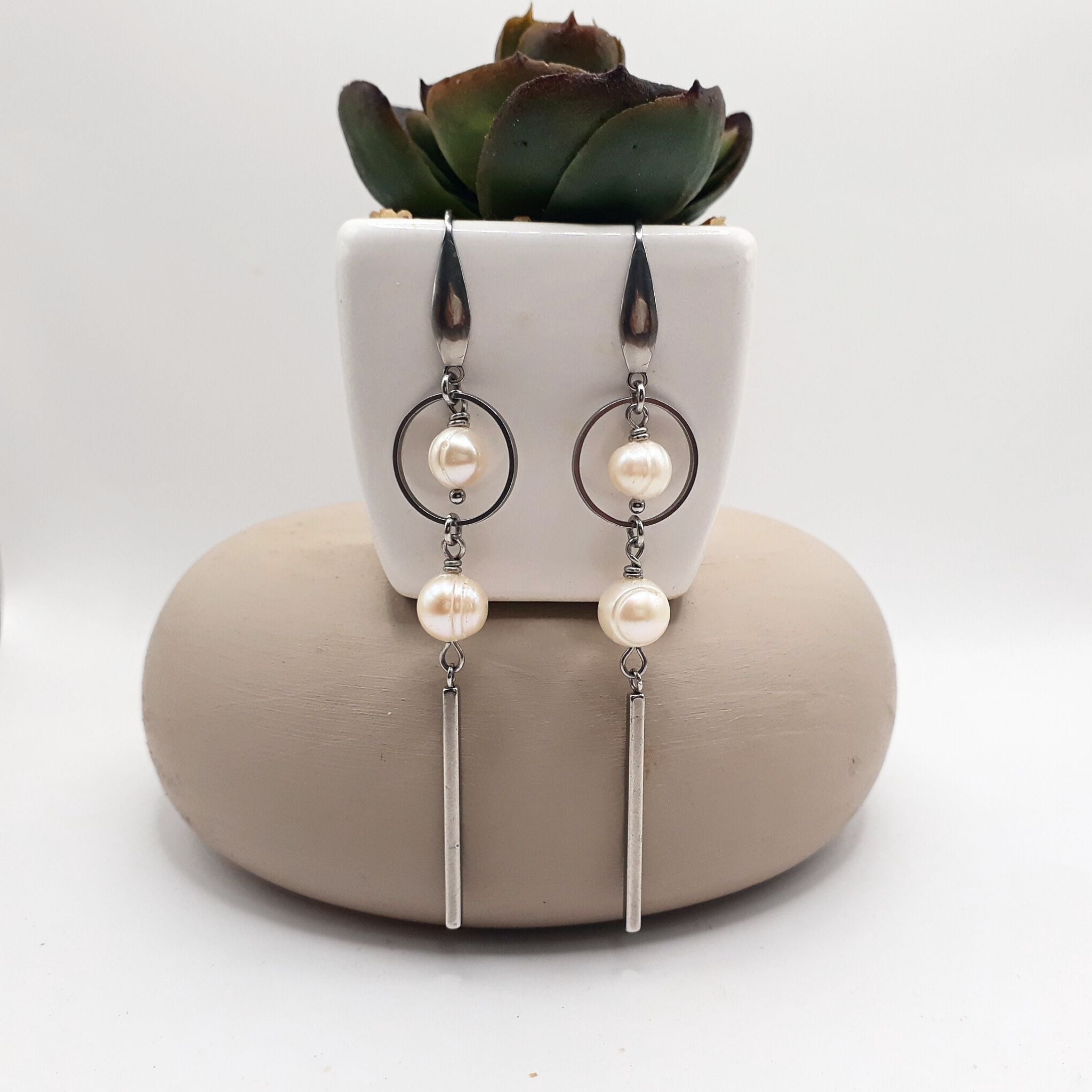 Freshwater Pearl Stainless Steel Dangle Earrings. 