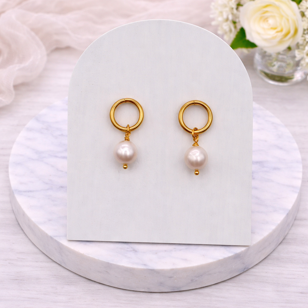 Gold open circle stud freshwater pearl earrings