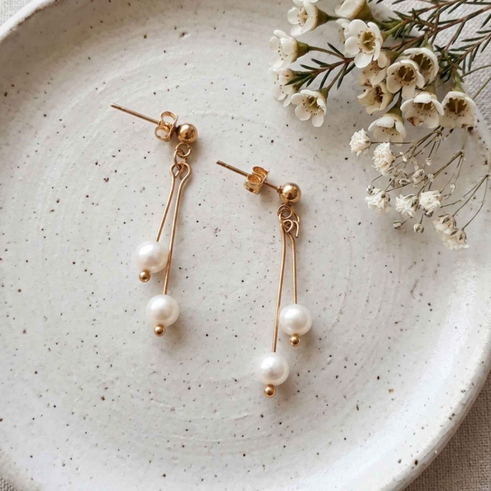 Handmade gold plated 304 stainless steel dangle earrings with two 5mm AAAA freshwater pearls - Kiooinsitu