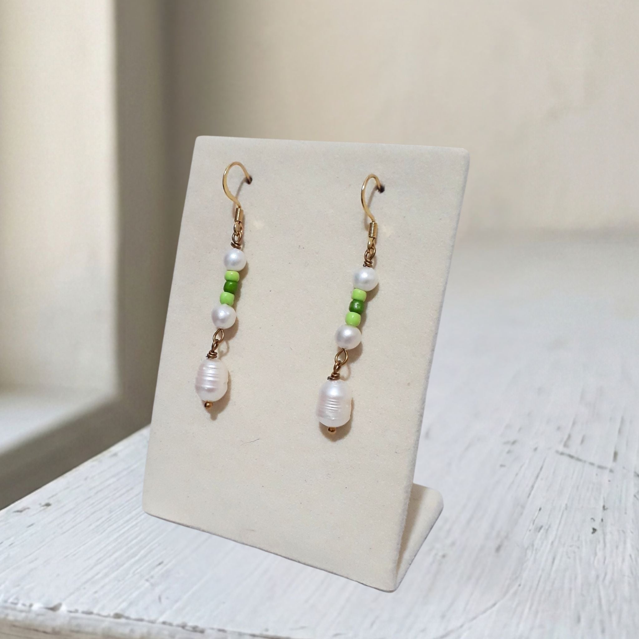 Gold plated stainless steel freshwater pearl olive green glass bead dangle earrings - Kiooinsitu